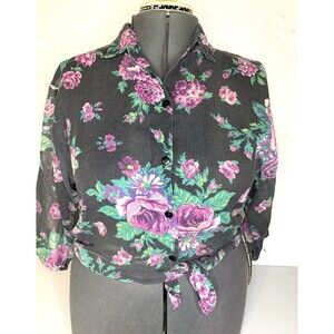VTG Extra Pretty Of California Shirt Sz 2x 16/18 Black Floral Tie Front